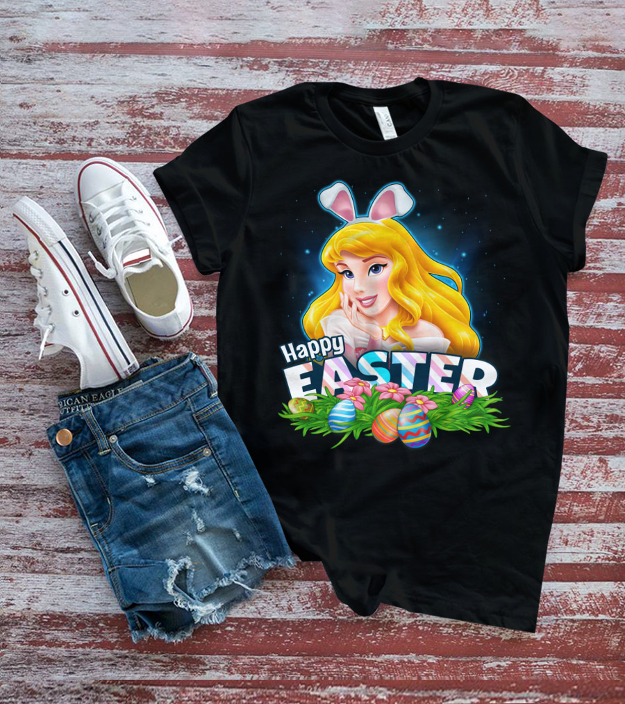 Happy Easter Aurora Bunny Ears With Colorful Eggs And Flowers T-Shirt