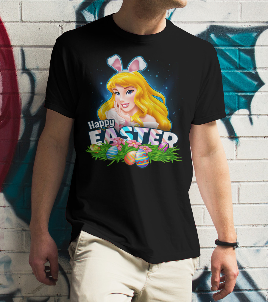 Happy Easter Aurora Bunny Ears With Colorful Eggs And Flowers T-Shirt
