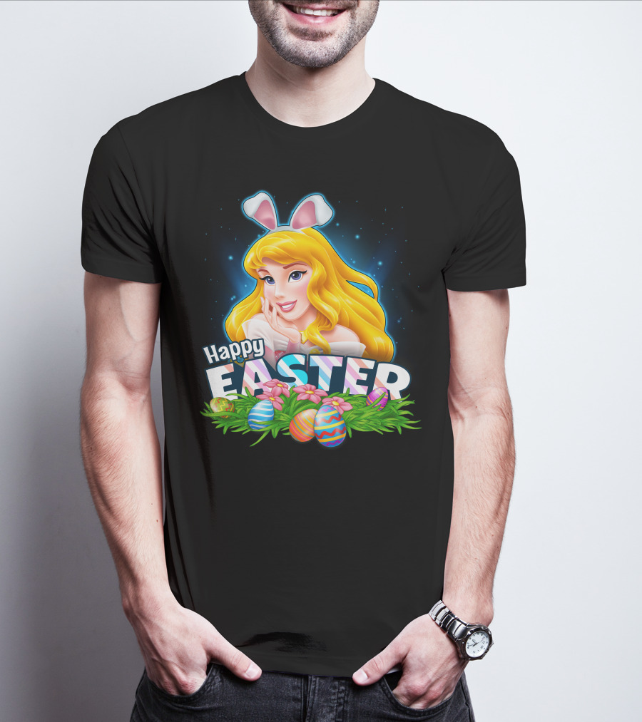 Happy Easter Aurora Bunny Ears With Colorful Eggs And Flowers T-Shirt