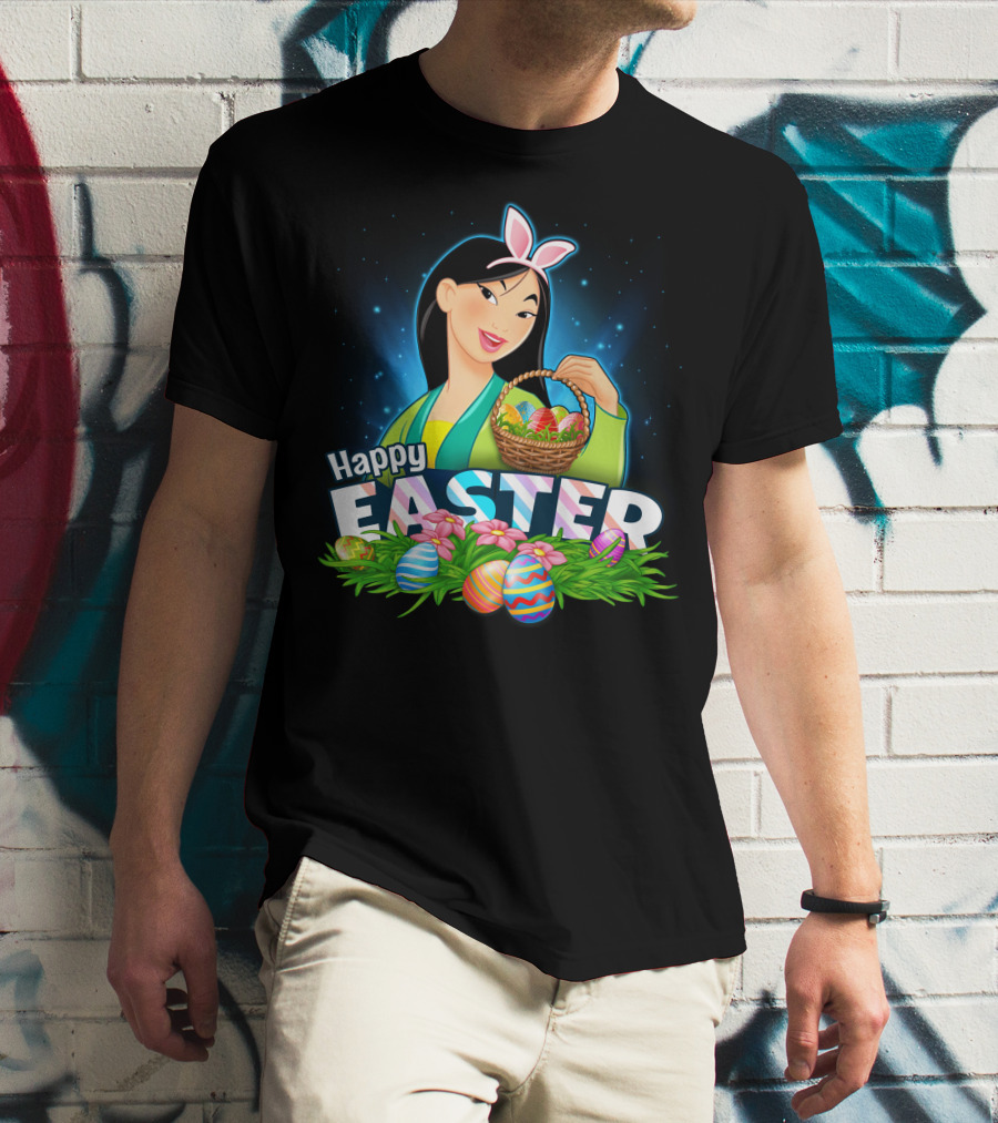 Happy Easter Mulan Holding Easter Basket With Eggs And Bunny Ears T-Shirt