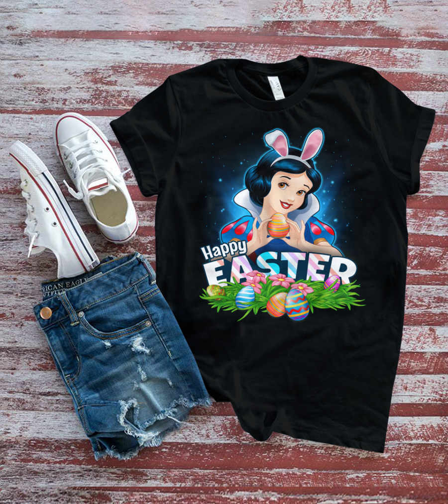 Snow White Happy Easter Bunny Ears Colorful Eggs T-Shirt