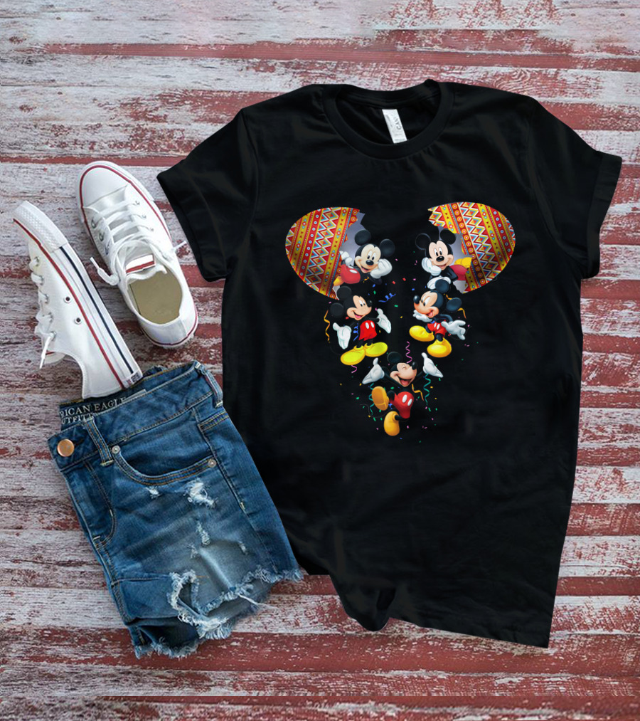 Mickey Mouse Colorful Festive Celebration Inside Aztec Pattern Ears T-Shirt