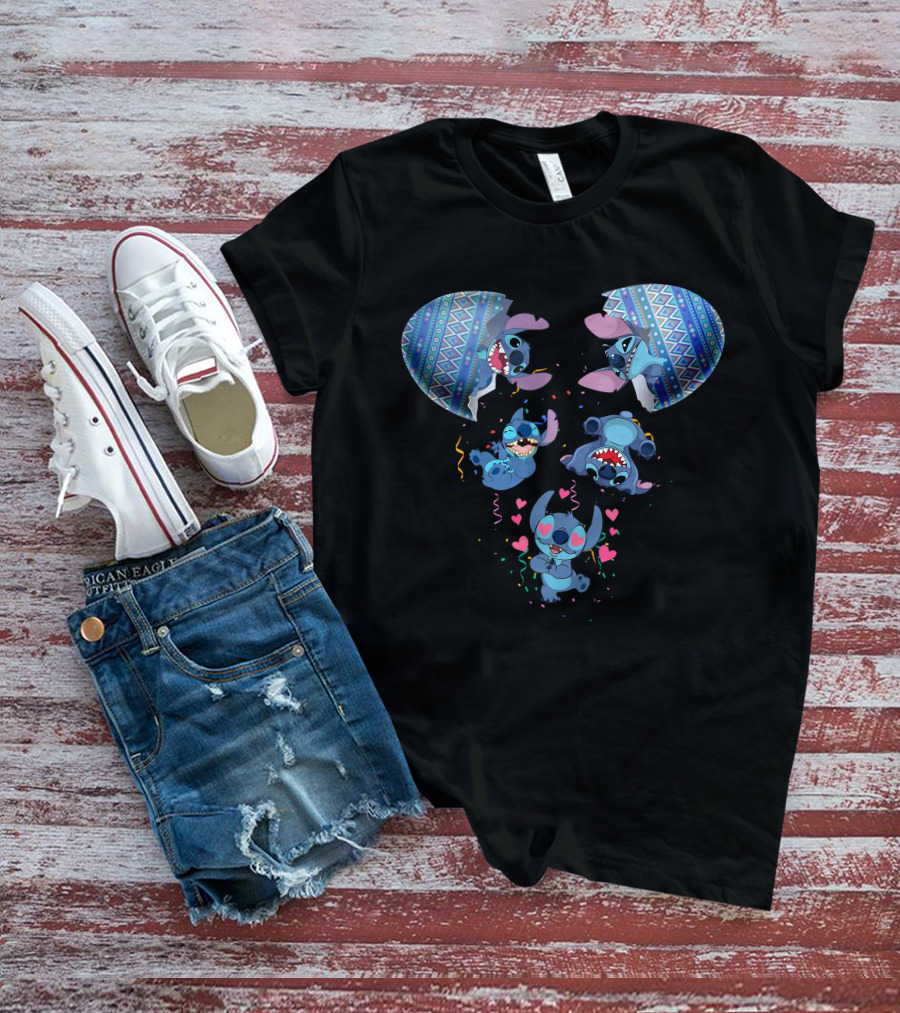 Stitch Erupting From Ornate Eggshell With Playful Expressions And Heart Confetti T-Shirt
