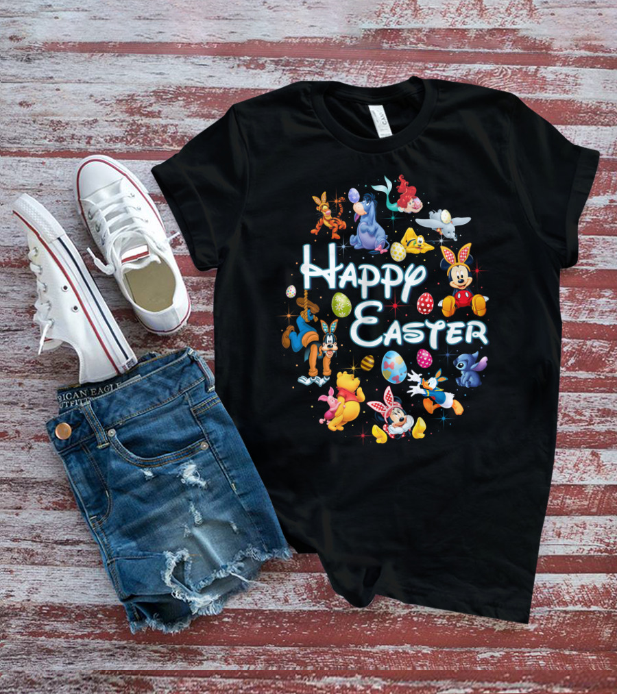 Happy Easter Disney Characters Mickey Minnie Pooh Stitch Dumbo Ariel Tigger Goofy Eeyore Eggs T-Shirt