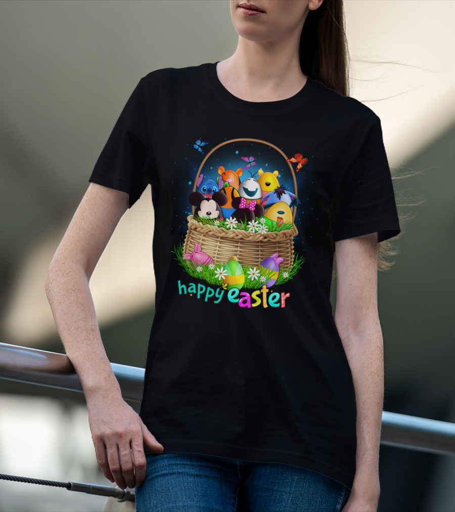 Happy Easter Basket With Colorful Eggs And Characters T-Shirt