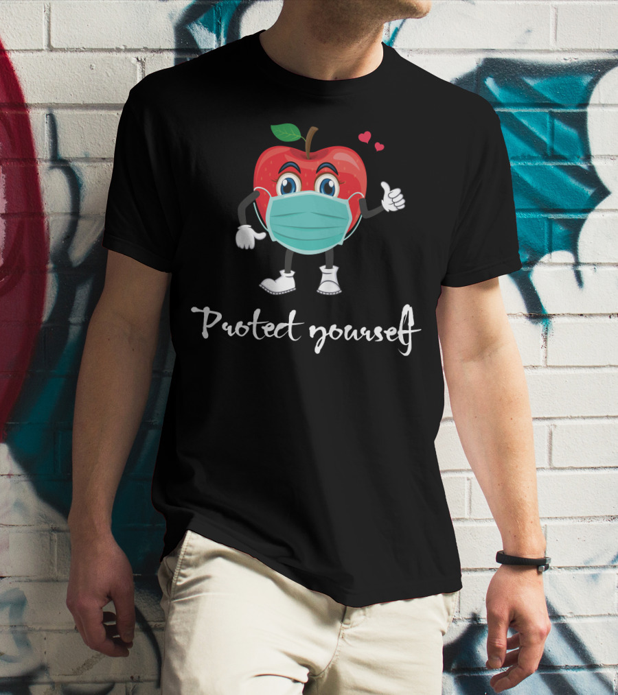 Protect Yourself Masked Apple Cartoon With Hearts T-Shirt