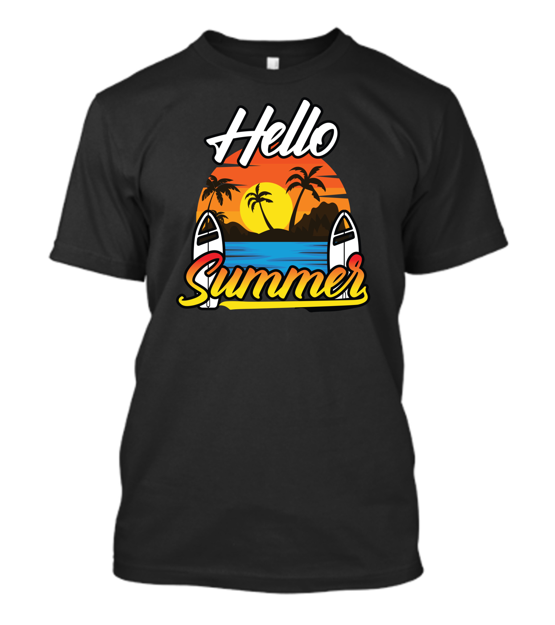Hello Summer Sunset Surfing Beach Scene T-Shirt