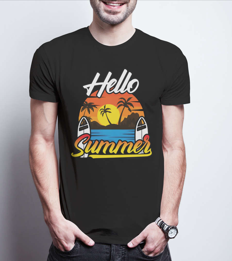 Hello Summer Sunset Surfing Beach Scene T-Shirt