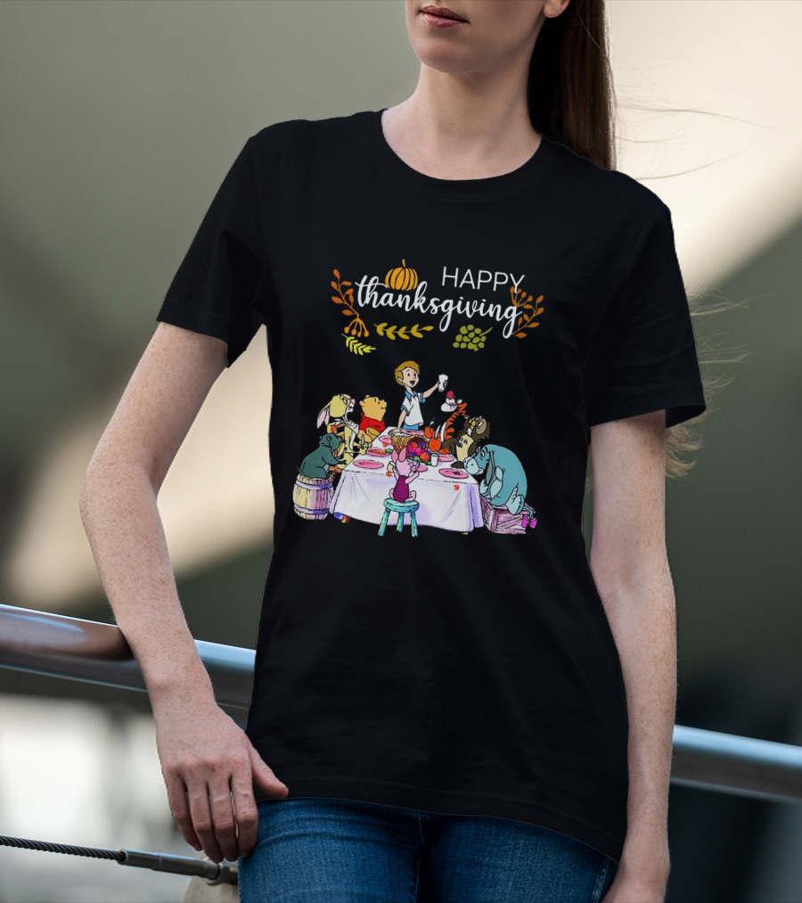Winnie The Pooh Happy Thanksgiving Celebration With Friends At Dining Table T-Shirt