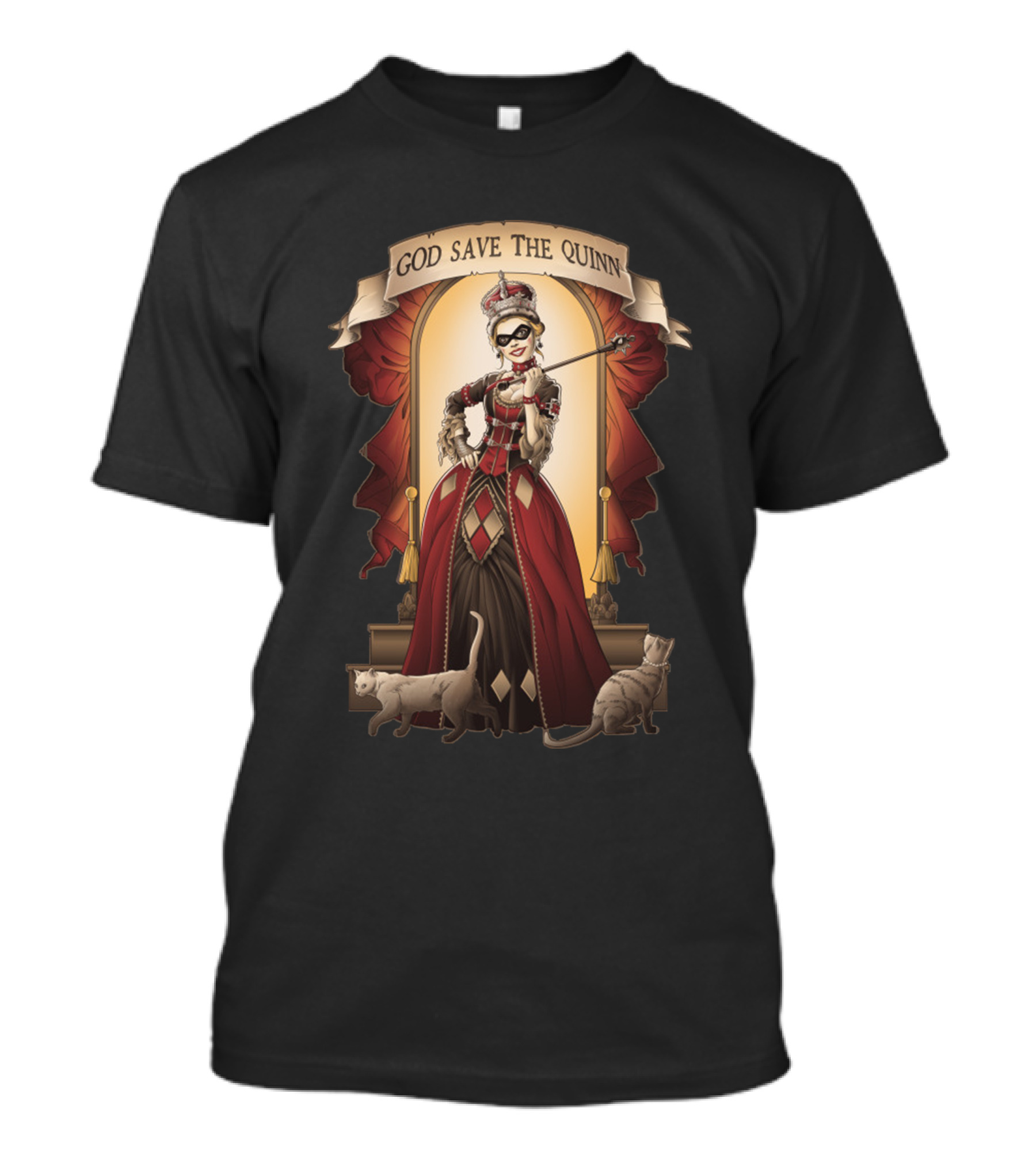 God Save The Quinn Victorian Jester Queen With Cats And Masked Scepter T-Shirt