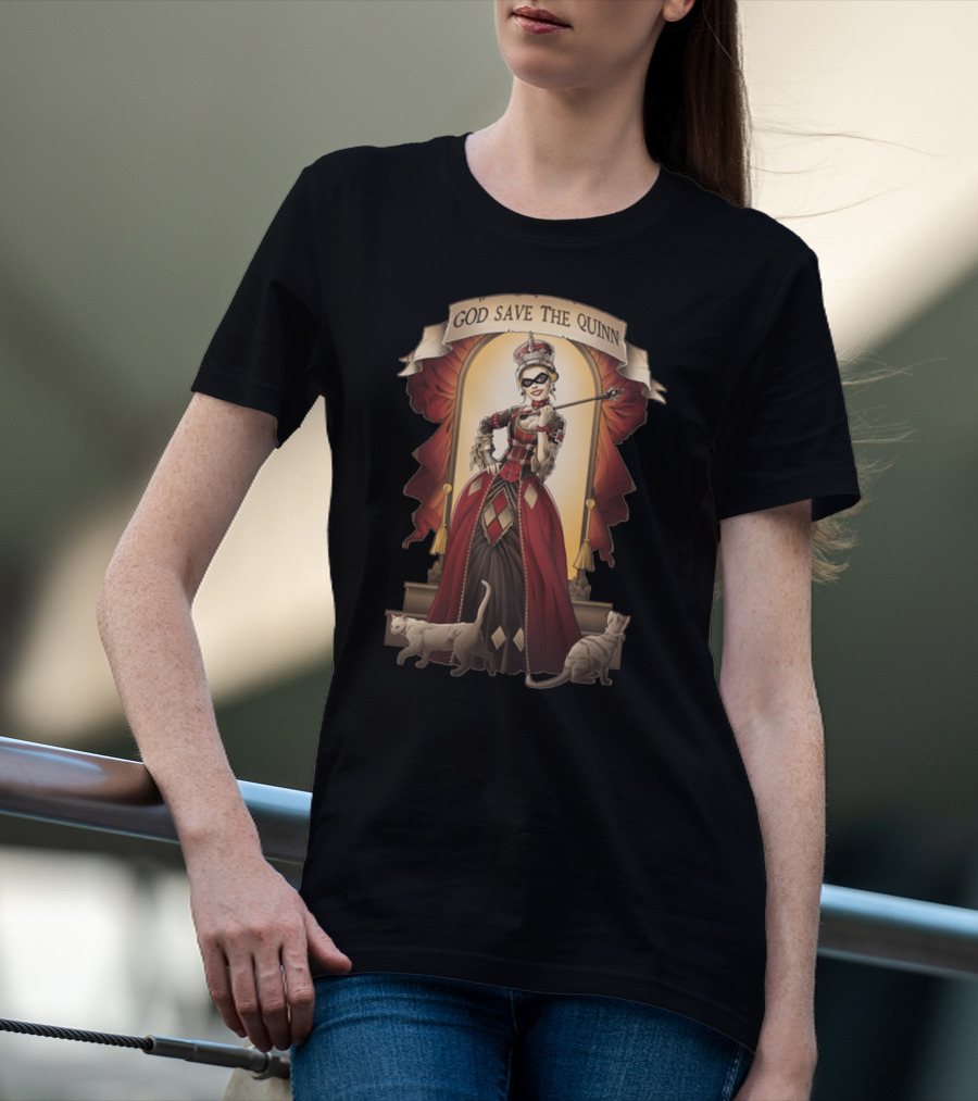 God Save The Quinn Victorian Jester Queen With Cats And Masked Scepter T-Shirt