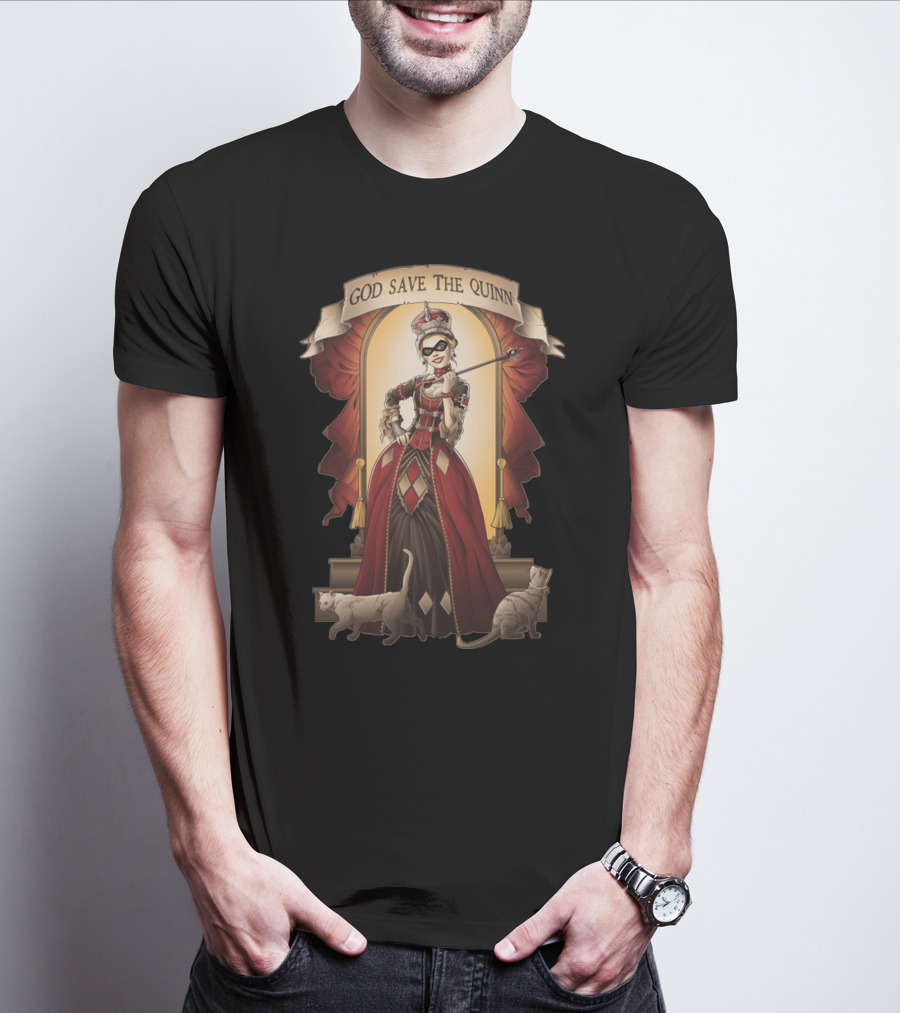 God Save The Quinn Victorian Jester Queen With Cats And Masked Scepter T-Shirt