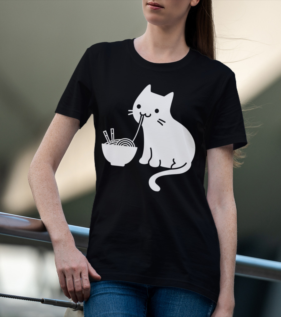 Chat Mignon Manger Ramen Essentiel Blanc Noir T-Shirt