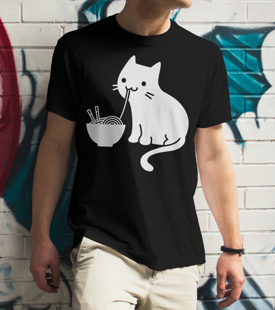 Chat Mignon Manger Ramen Essentiel Blanc Noir T-Shirt