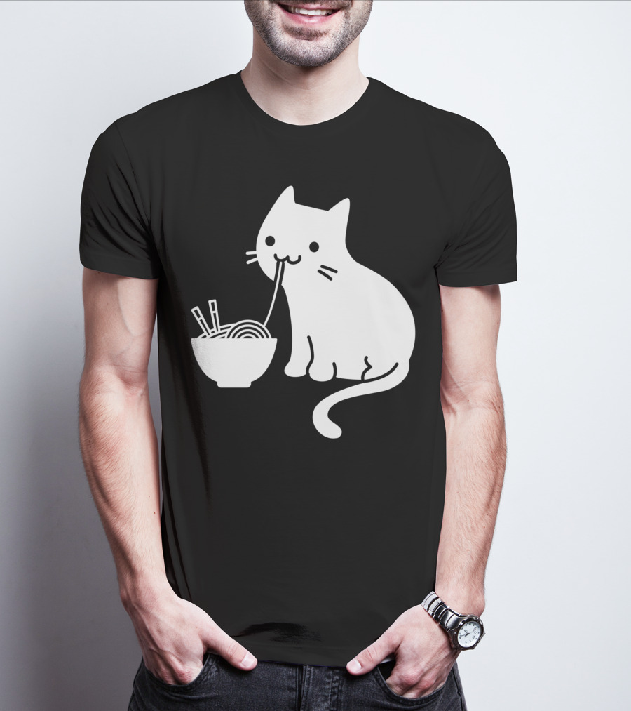 Chat Mignon Manger Ramen Essentiel Blanc Noir T-Shirt