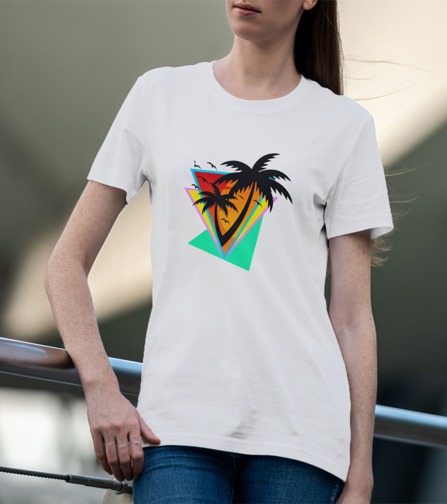 The Sea And You Tropical Palm Sunset With Geometric Triangles And Birds T-Shirt