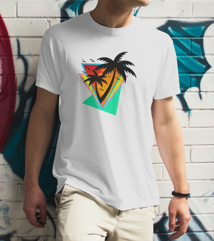 The Sea And You Tropical Palm Sunset With Geometric Triangles And Birds T-Shirt
