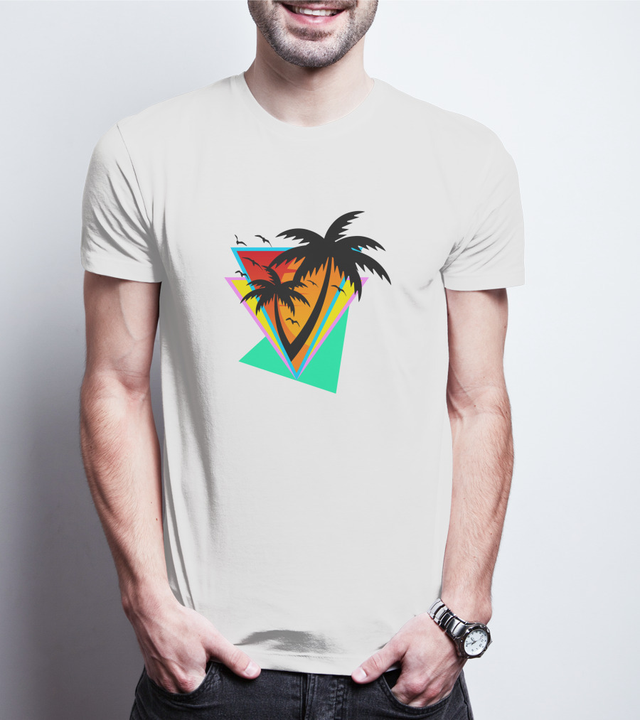 The Sea And You Tropical Palm Sunset With Geometric Triangles And Birds T-Shirt