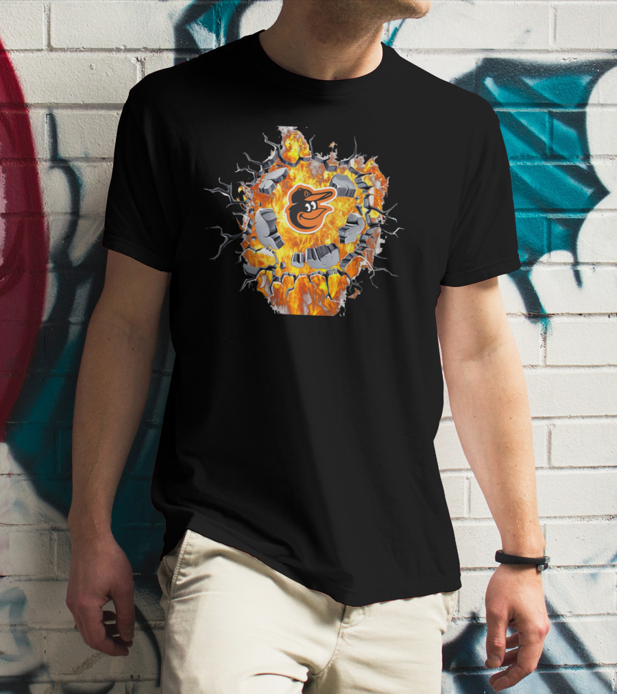 Baltimore Orioles Logo With Fiery Cracked Wall T-Shirt