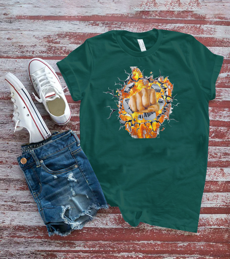 Steel Hands Fist Breaking Through Fiery Wall T-Shirt