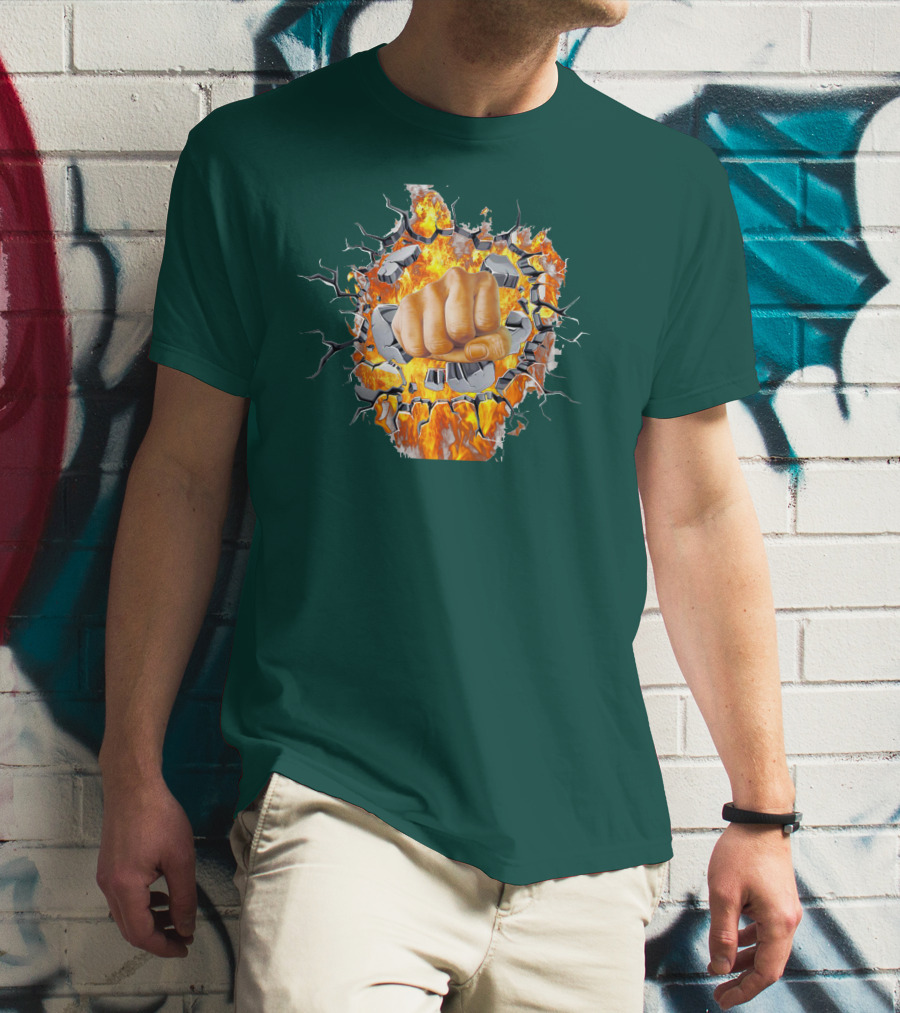 Steel Hands Fist Breaking Through Fiery Wall T-Shirt