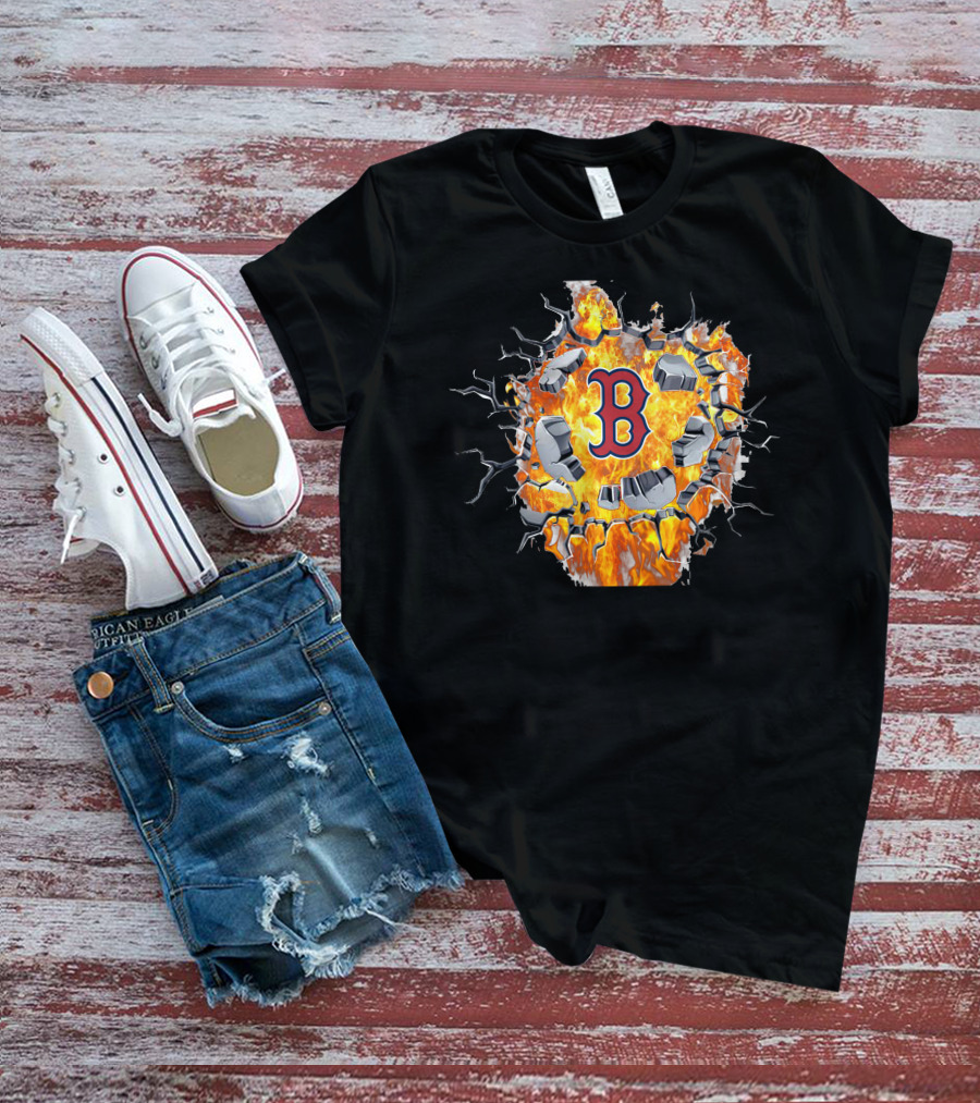 Boston Red Sox Fiery Letter B Cracked Wall Flame T-Shirt