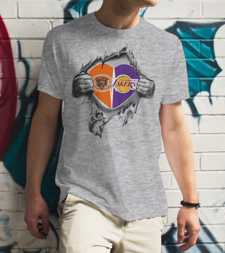 Bears And Los Angeles Lakers Logos Combined In Heart Shape Torn T-Shirt