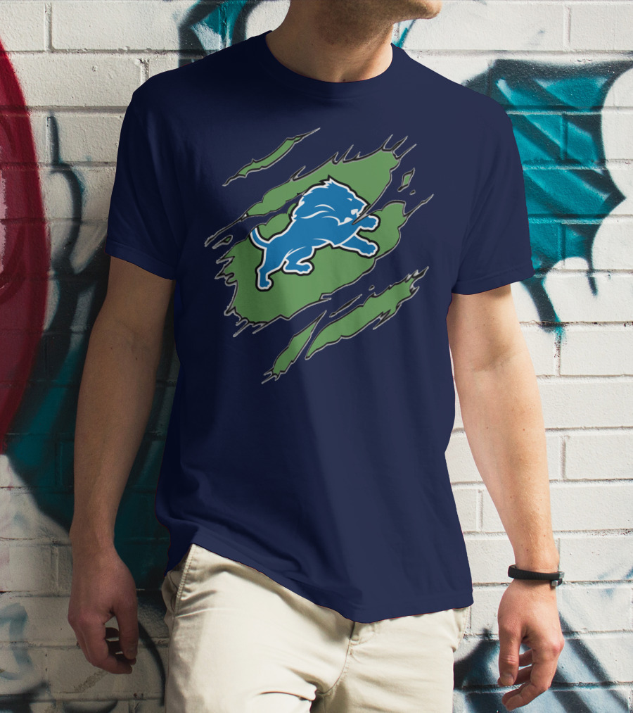 Detroit Lions Blue Roaring Lion With Claw Marks T-Shirt