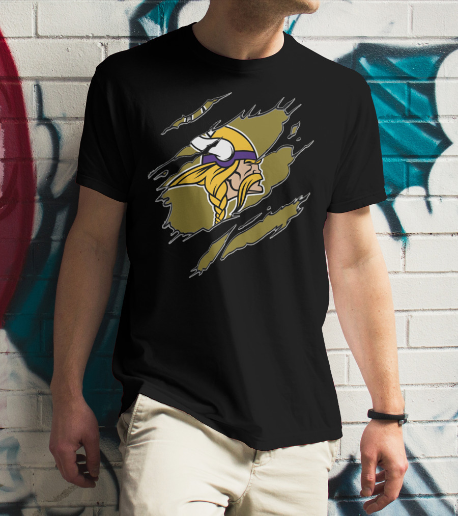 Minnesota Vikings Helmet And Warrior Tear Effect T-Shirt