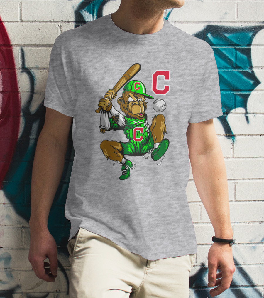 Cleveland Indians Home Run C Logo Green Jersey Baseball Bat Mascot T-Shirt
