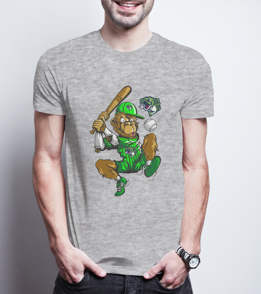 Gwinnett Stripers Baseball Bear Mascot Swinging Bat With Fish T-Shirt
