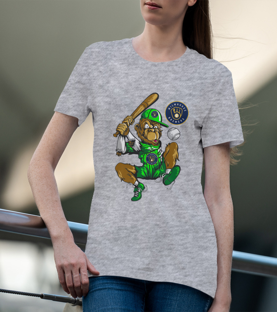 Milwaukee Brewers Baseball Mascot Swinging Bat In Green Uniform T-Shirt