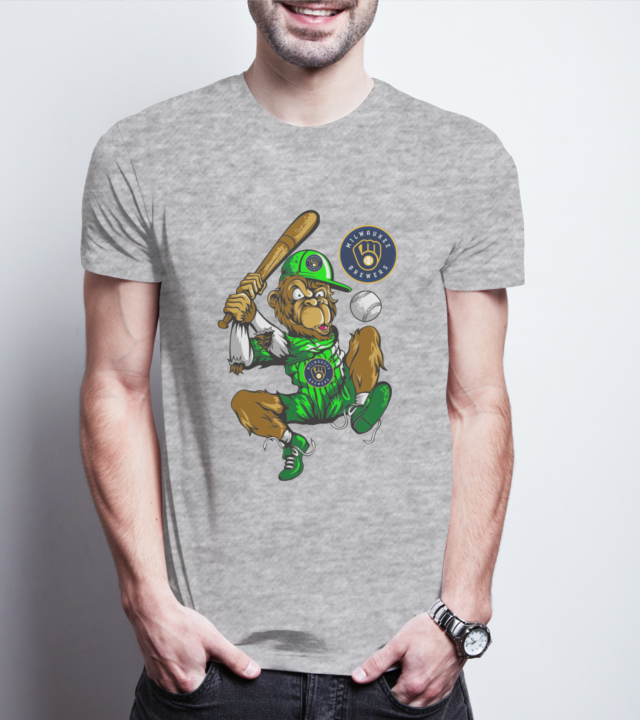 Milwaukee Brewers Baseball Mascot Swinging Bat In Green Uniform T-Shirt