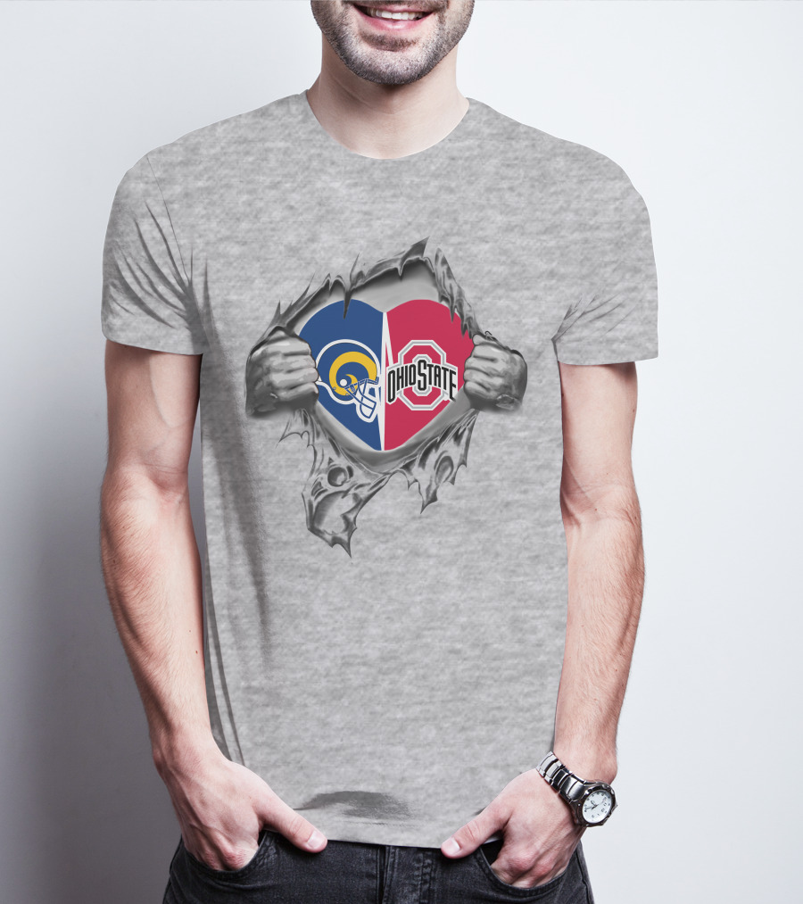 Rams Ohio State Heart Logos Tearing Through Fabric T-Shirt