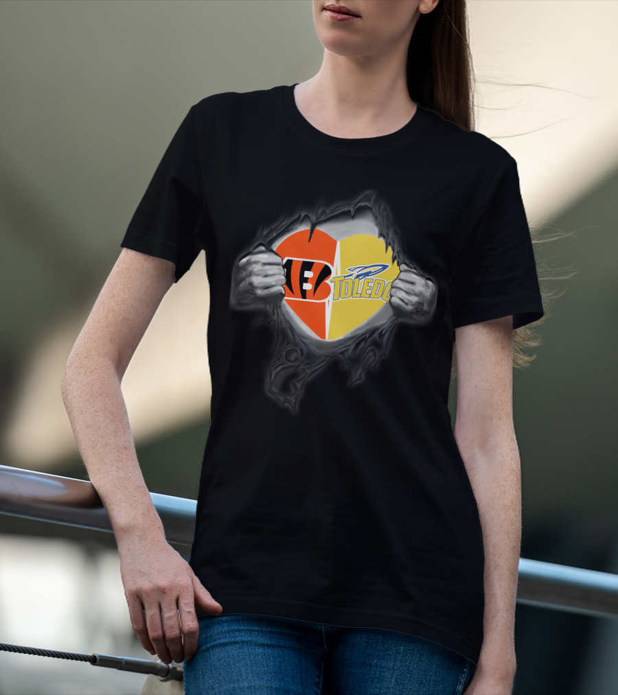 Cincinnati Bengals Toledo Rockets Heart Logo Fusion T-Shirt