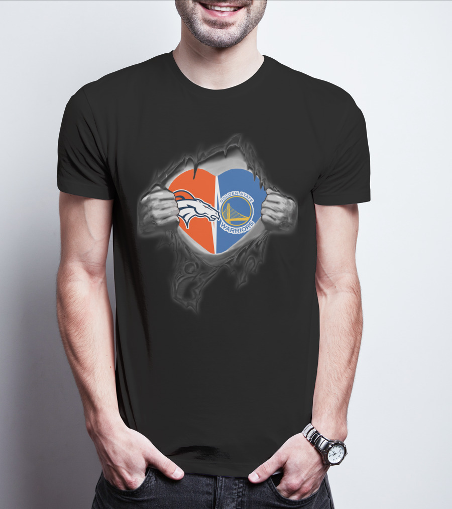 Broncos Warriors Heart With Denver Broncos And Golden State Warriors T-Shirt