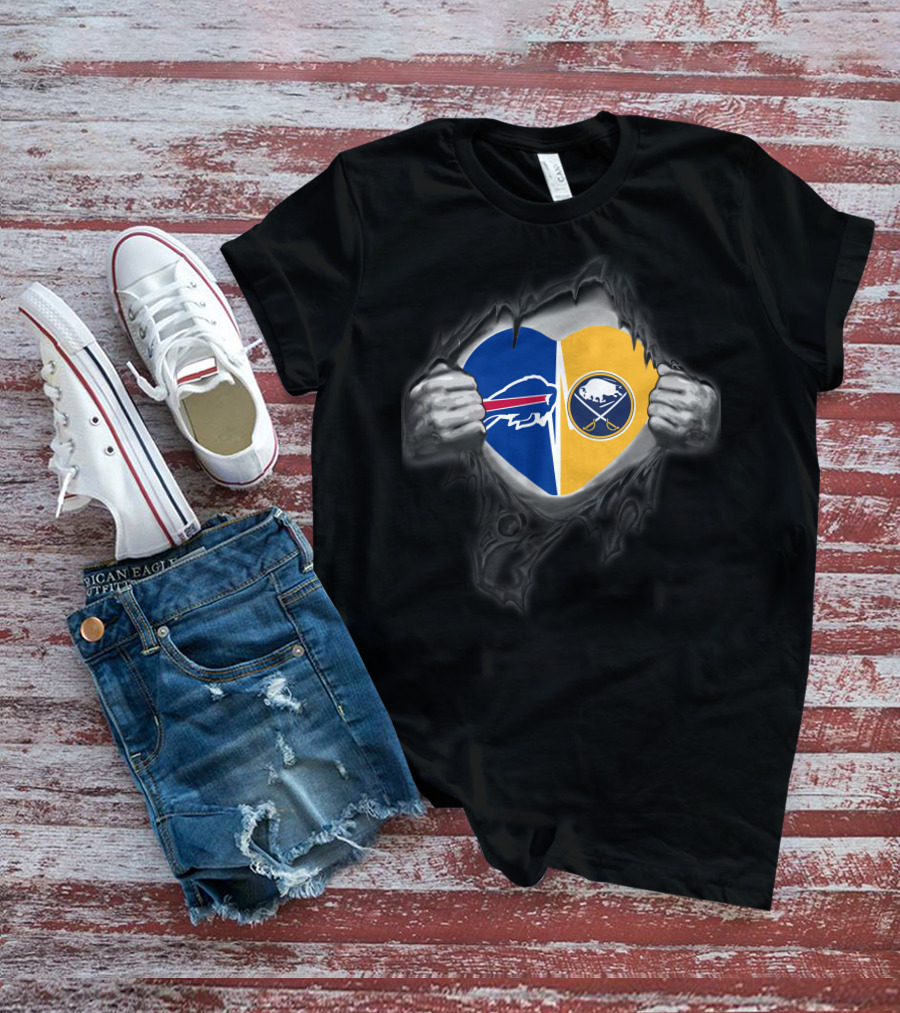 Buffalo Bills Sabres Dual Heart Symbol With Team Logos T-Shirt