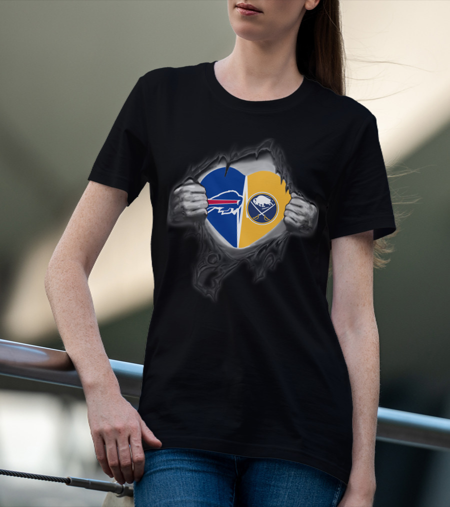 Buffalo Bills Sabres Dual Heart Symbol With Team Logos T-Shirt