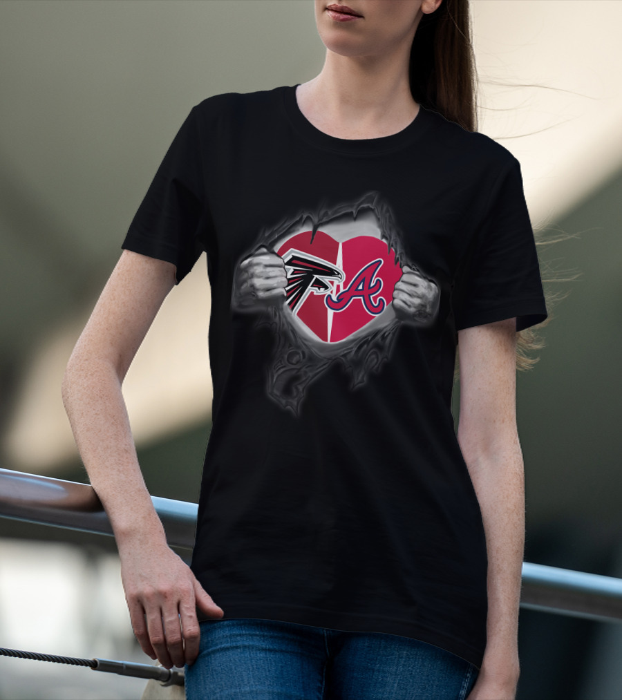 Falcons Braves Heart With Logos Inside Ripped Chest T-Shirt