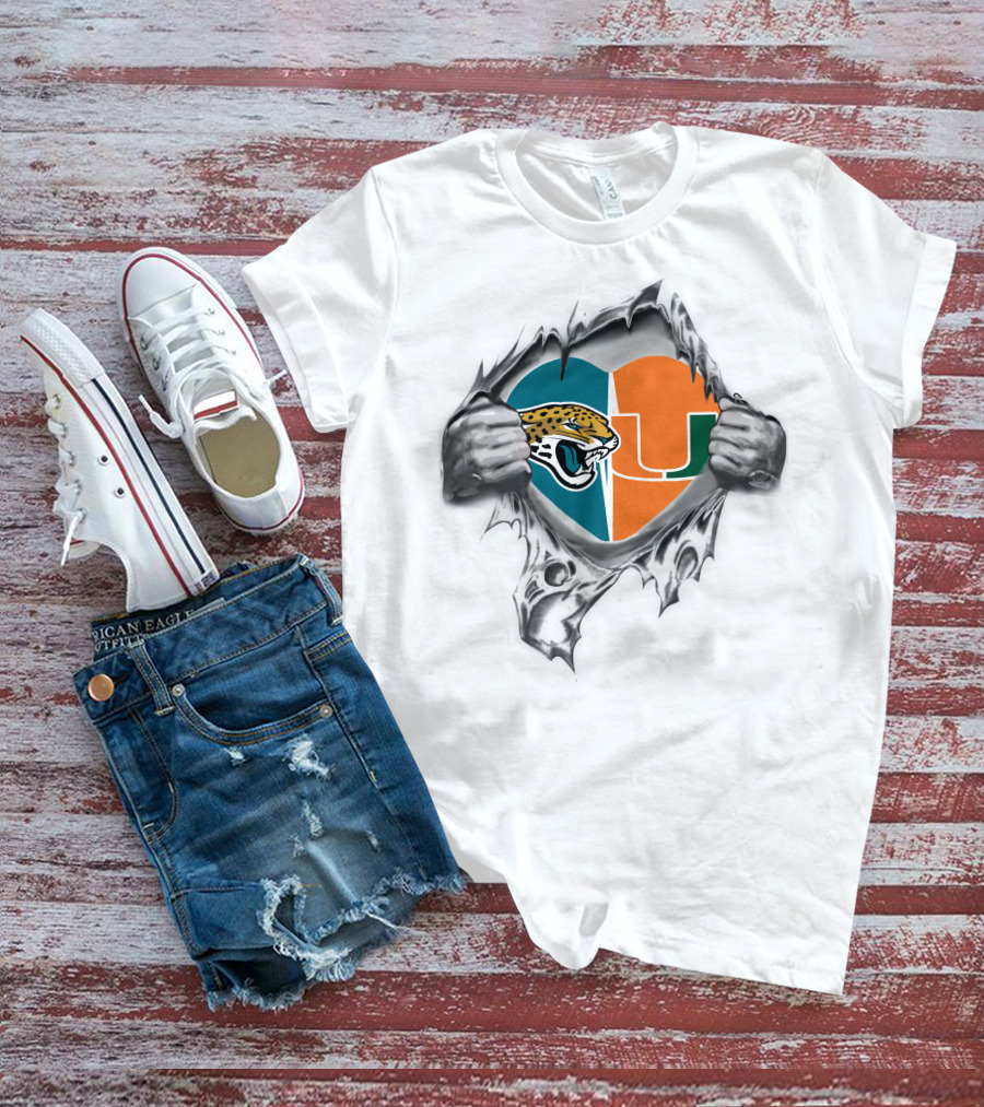 Jaguars Miami Hurricanes Heart Symbol Ripping T-Shirt