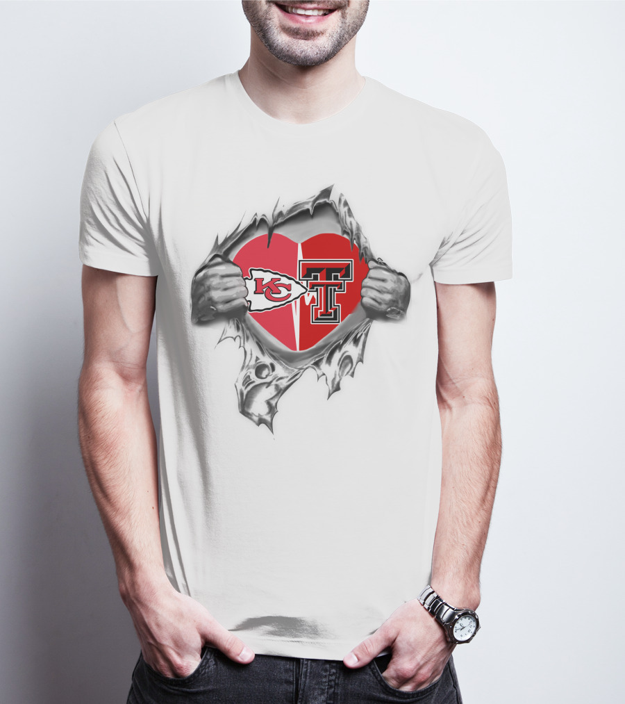 Kansas City Chiefs Texas Tech Heart Logos Torn T-Shirt