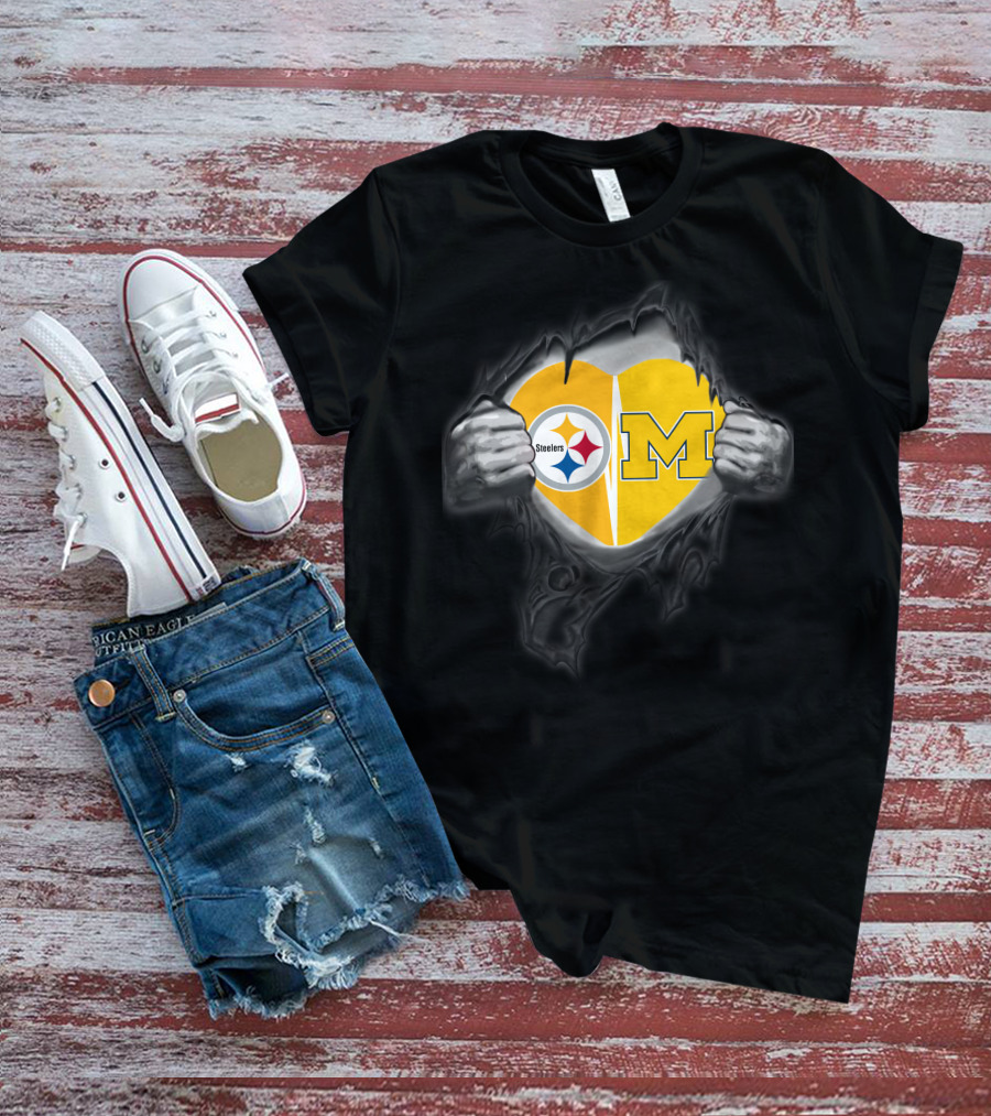 Steelers And Michigan Heart Symbol Inside Ripped Skin T-Shirt