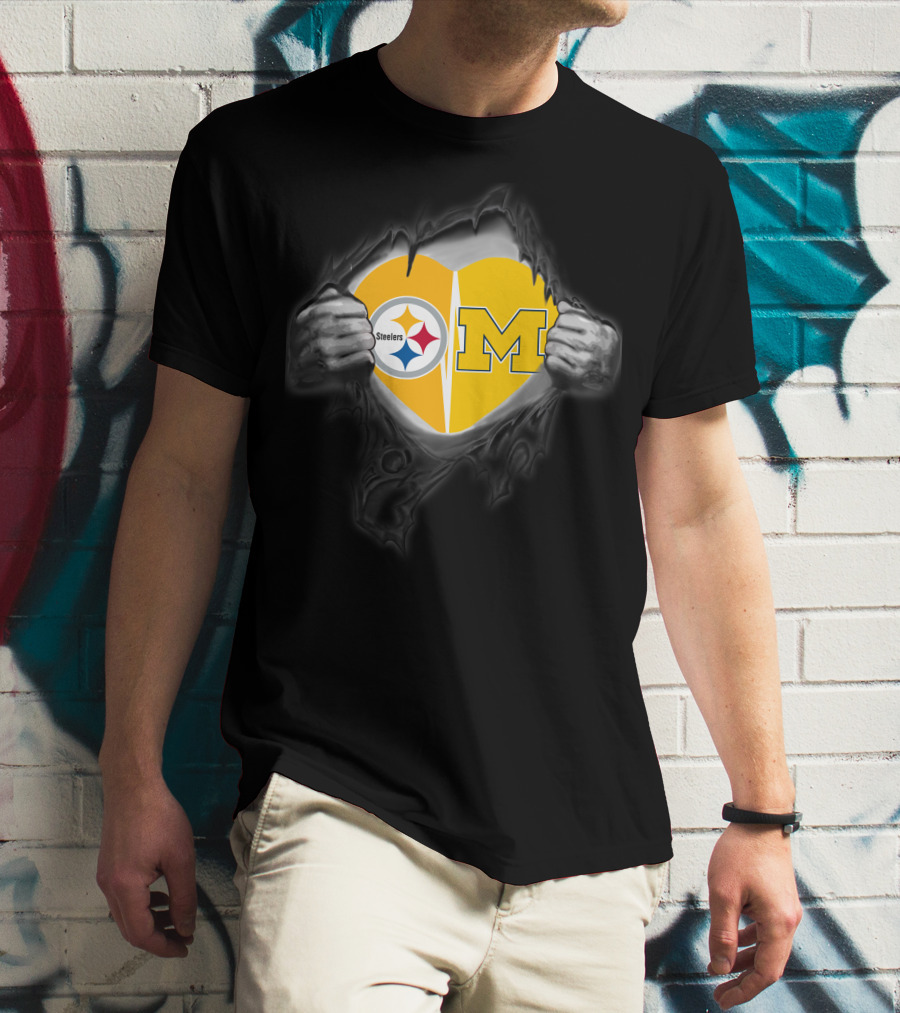Steelers And Michigan Heart Symbol Inside Ripped Skin T-Shirt