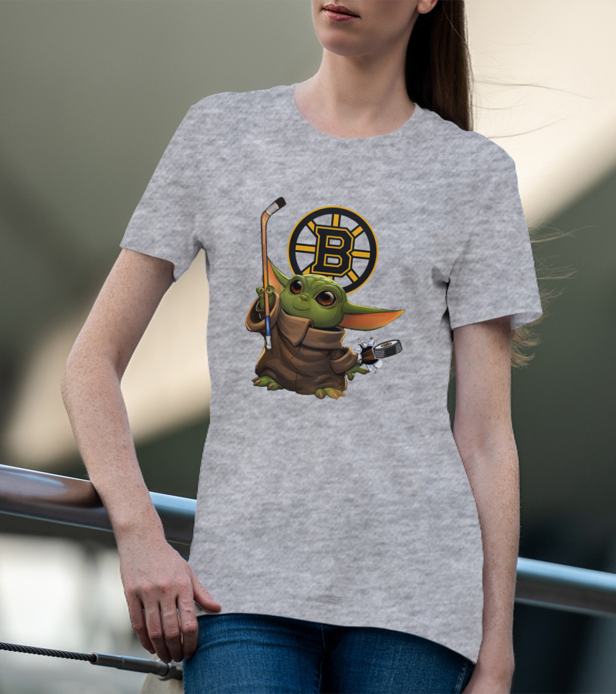 Boston Bruins Baby Yoda Hockey Stick Puck Character T-Shirt