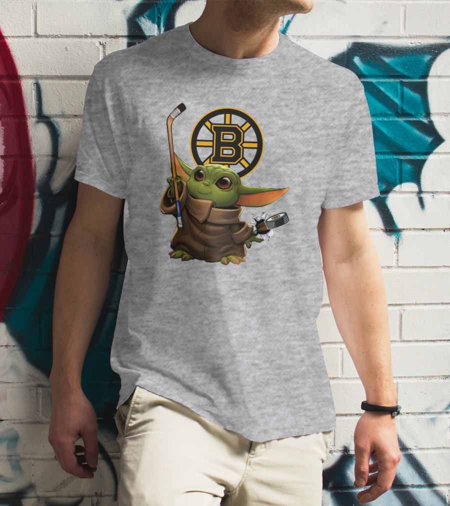 Boston Bruins Baby Yoda Hockey Stick Puck Character T-Shirt