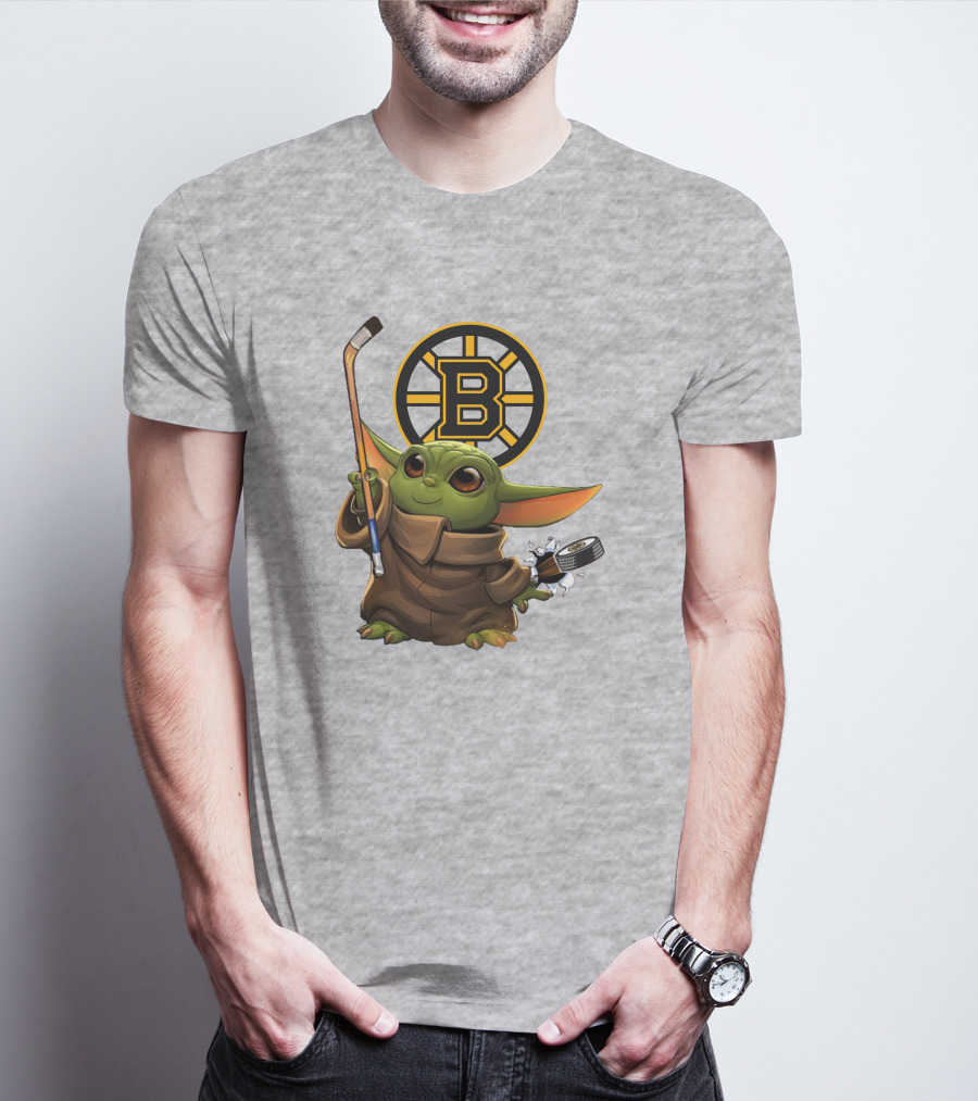 Boston Bruins Baby Yoda Hockey Stick Puck Character T-Shirt