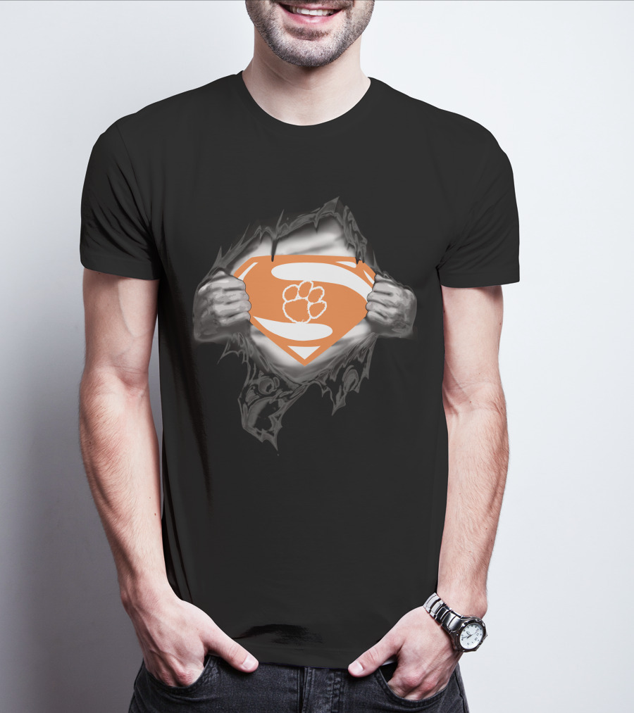 Clemson Super Man Orange Shield With Paw T-Shirt