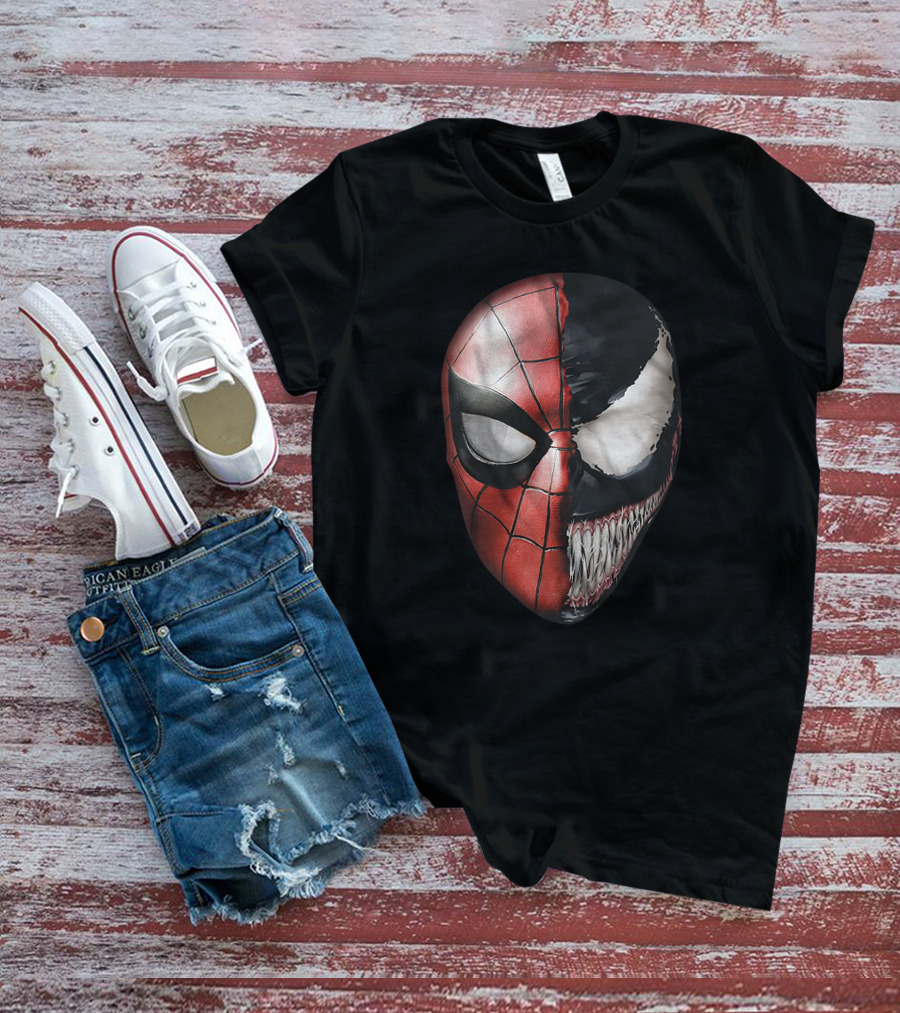 Venom Spidey Faces Split Mask Spider-Man Avengers Villain Comic Book T-Shirt