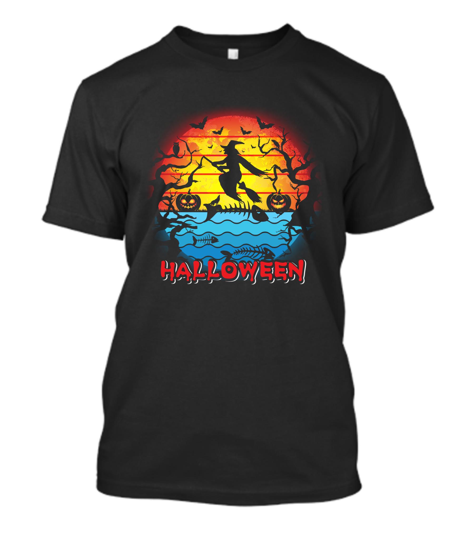 Halloween Witch And Fish Bone Sunset Scene T-Shirt