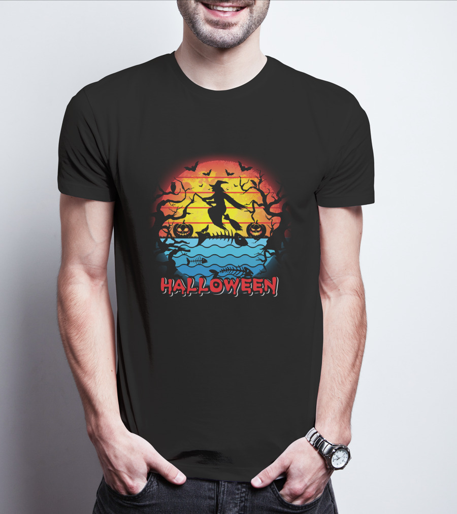 Halloween Witch And Fish Bone Sunset Scene T-Shirt